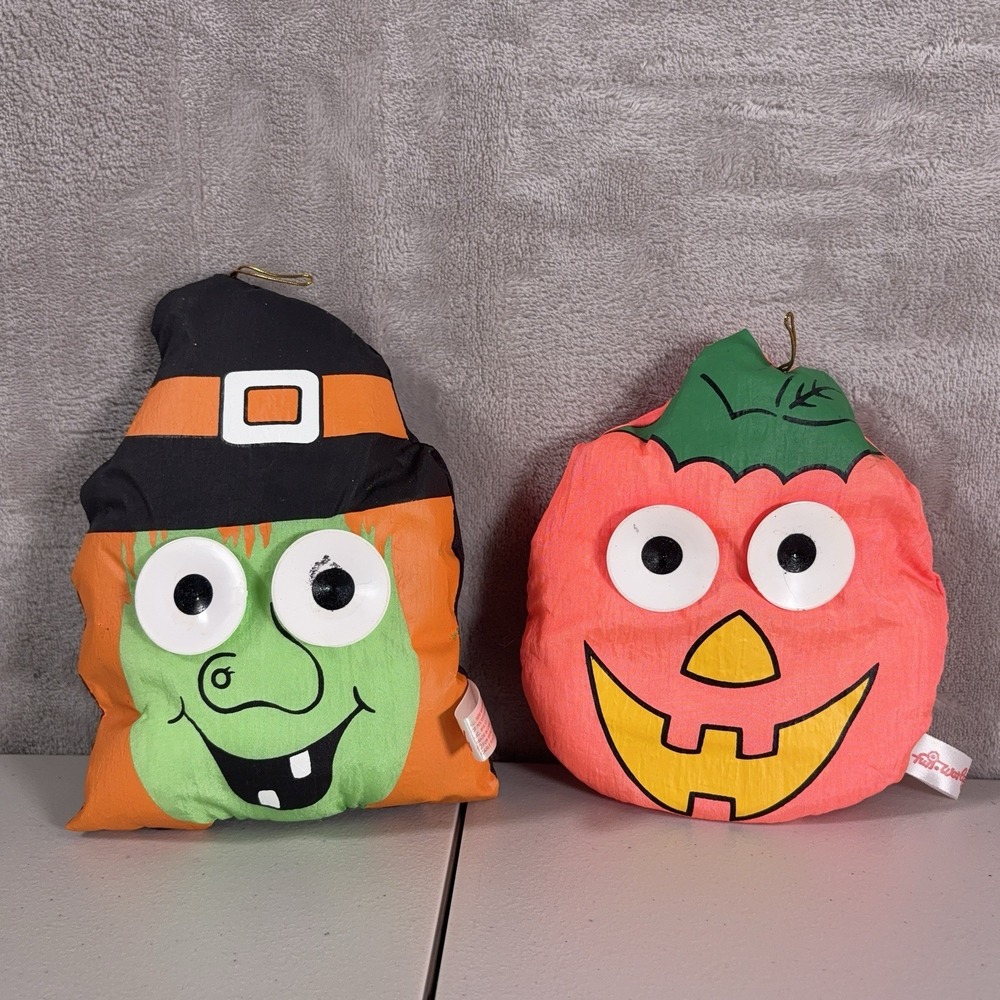 Vintage Fun World Halloween Witch Pumpkin Suction Cup Window Decor Plush Lot 2